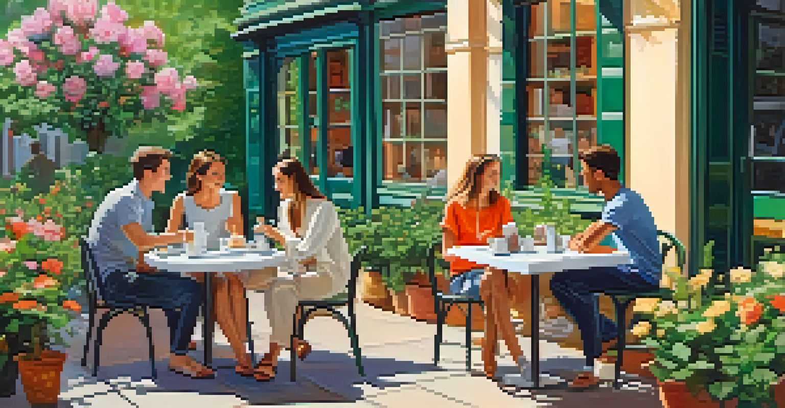 A group of friends at an outdoor café discussing language learning, with books and a colorful floral background.