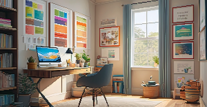 A well-lit and inviting home study area with a desk, laptop, and motivational posters, designed for remote learning.