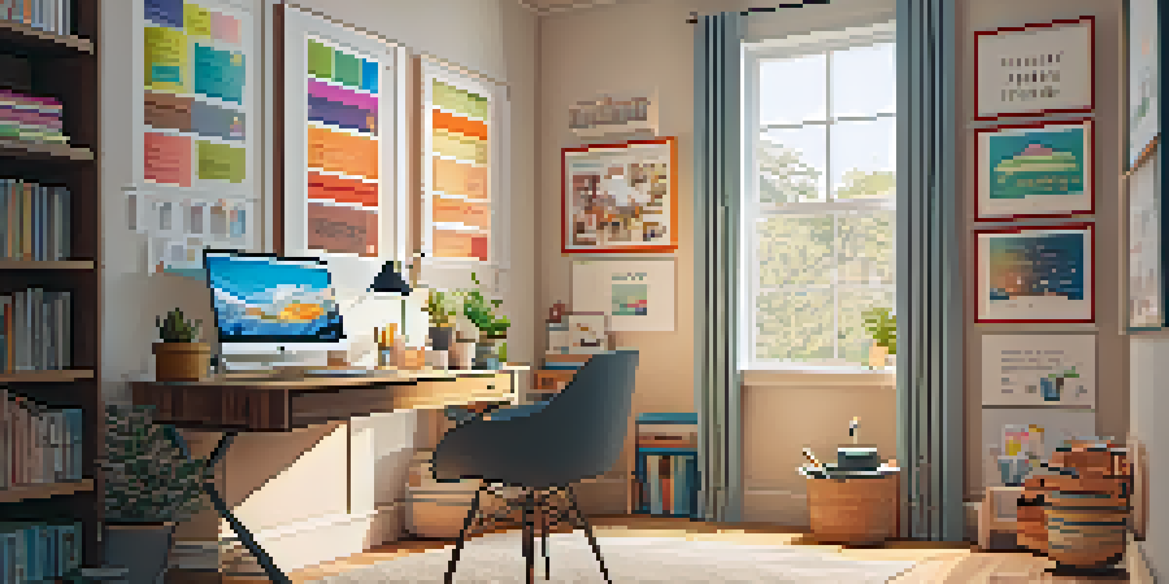 A well-lit and inviting home study area with a desk, laptop, and motivational posters, designed for remote learning.