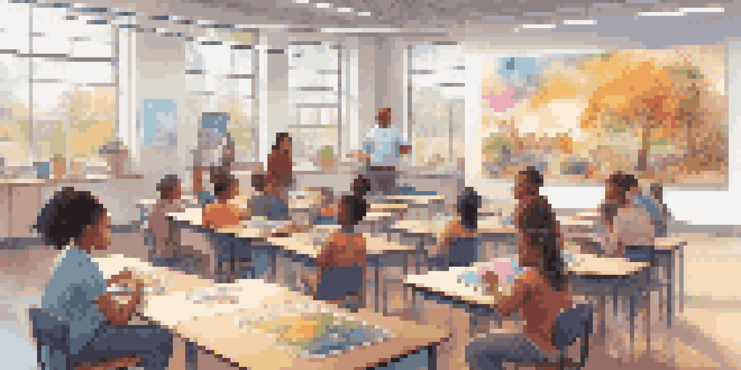 A modern classroom with diverse students using AI technology, including tablets and interactive screens, under natural light.
