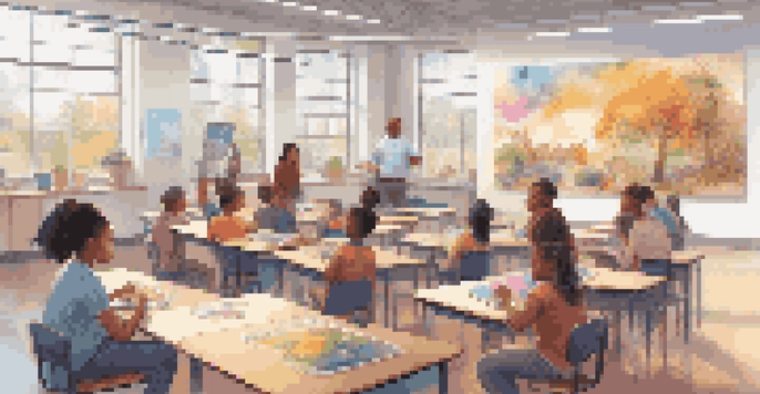 A modern classroom with diverse students using AI technology, including tablets and interactive screens, under natural light.