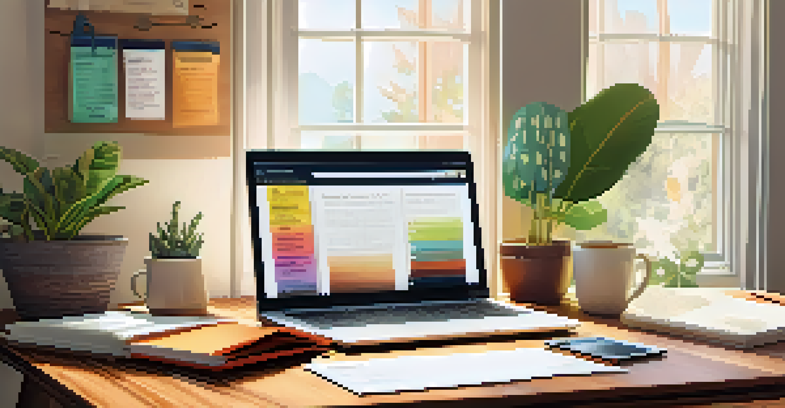 A warm home office with a laptop displaying a content strategy, colorful stationery, a potted plant, and a cup of coffee on a wooden desk.
