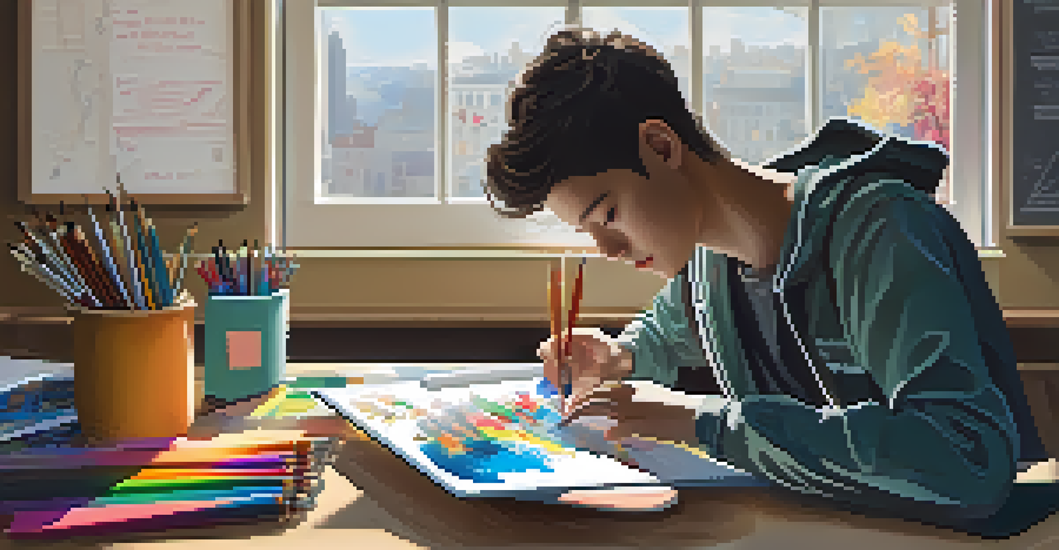 A student creating a digital portfolio on a tablet, with art supplies and natural light in the background.