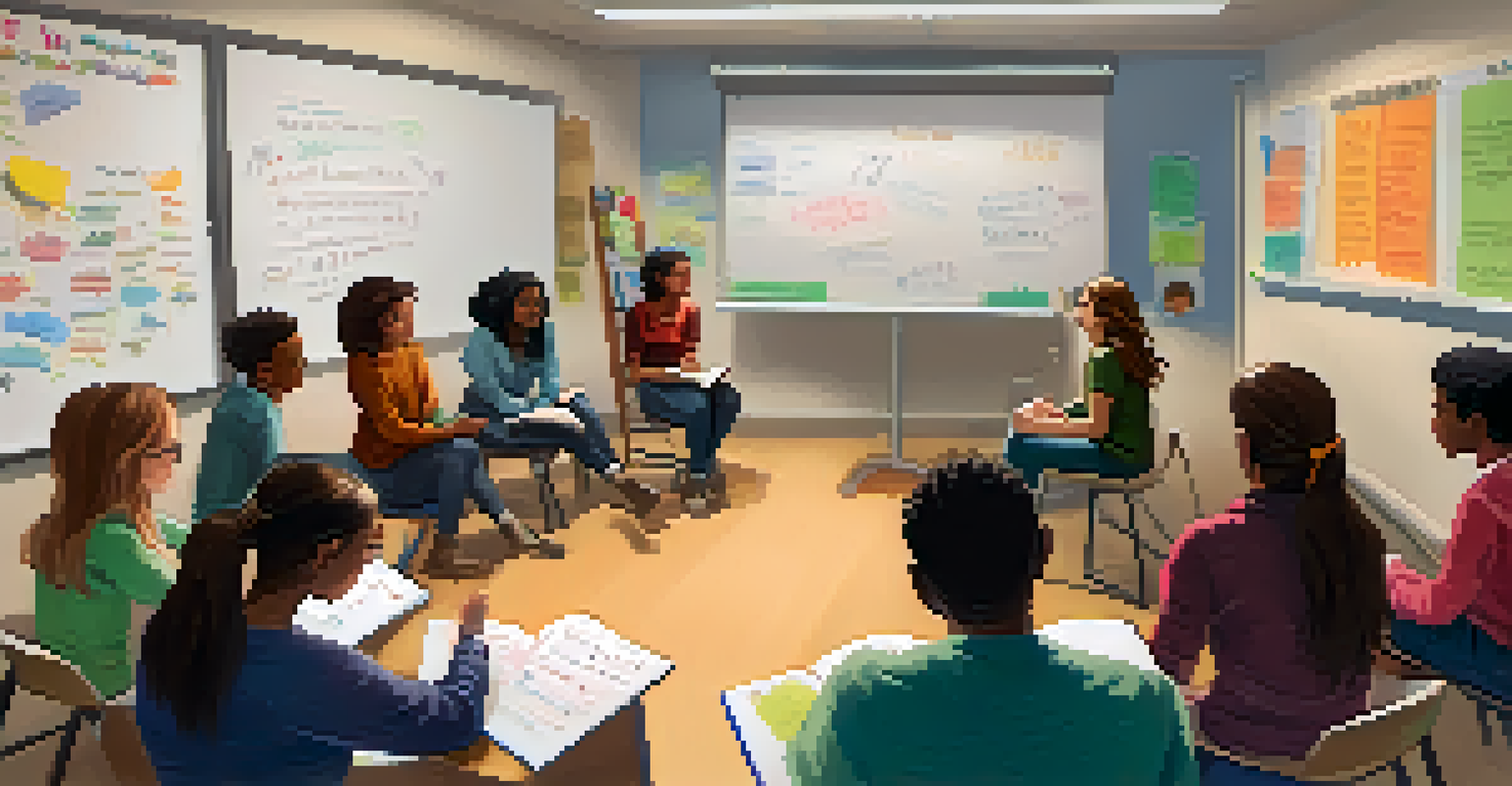 Students sitting in a circle during a reflection session, sharing thoughts with journals in a warmly lit classroom.