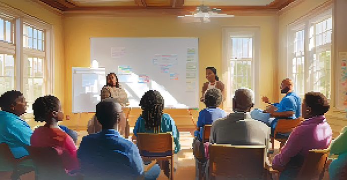 A diverse group of community members participating in a faith-based educational workshop, seated in a semi-circle, with a whiteboard in the background and sunlight filtering through windows.