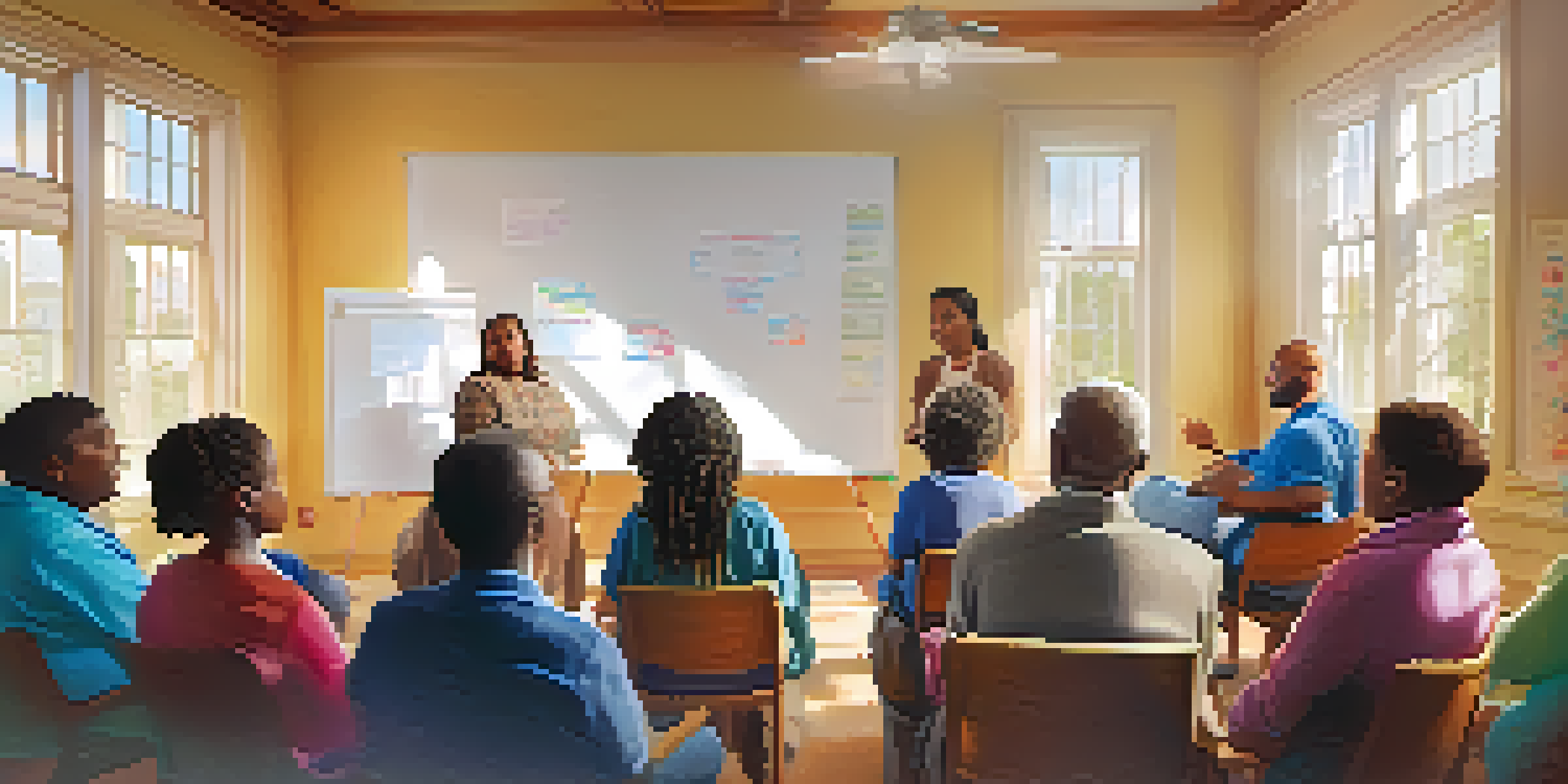 A diverse group of community members participating in a faith-based educational workshop, seated in a semi-circle, with a whiteboard in the background and sunlight filtering through windows.