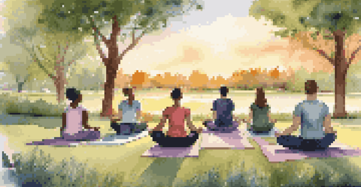 Students practicing mindfulness in a peaceful outdoor park during sunset, surrounded by nature.