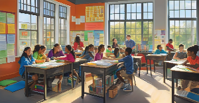 A lively classroom with students collaborating on a project, surrounded by bright educational materials and natural light.