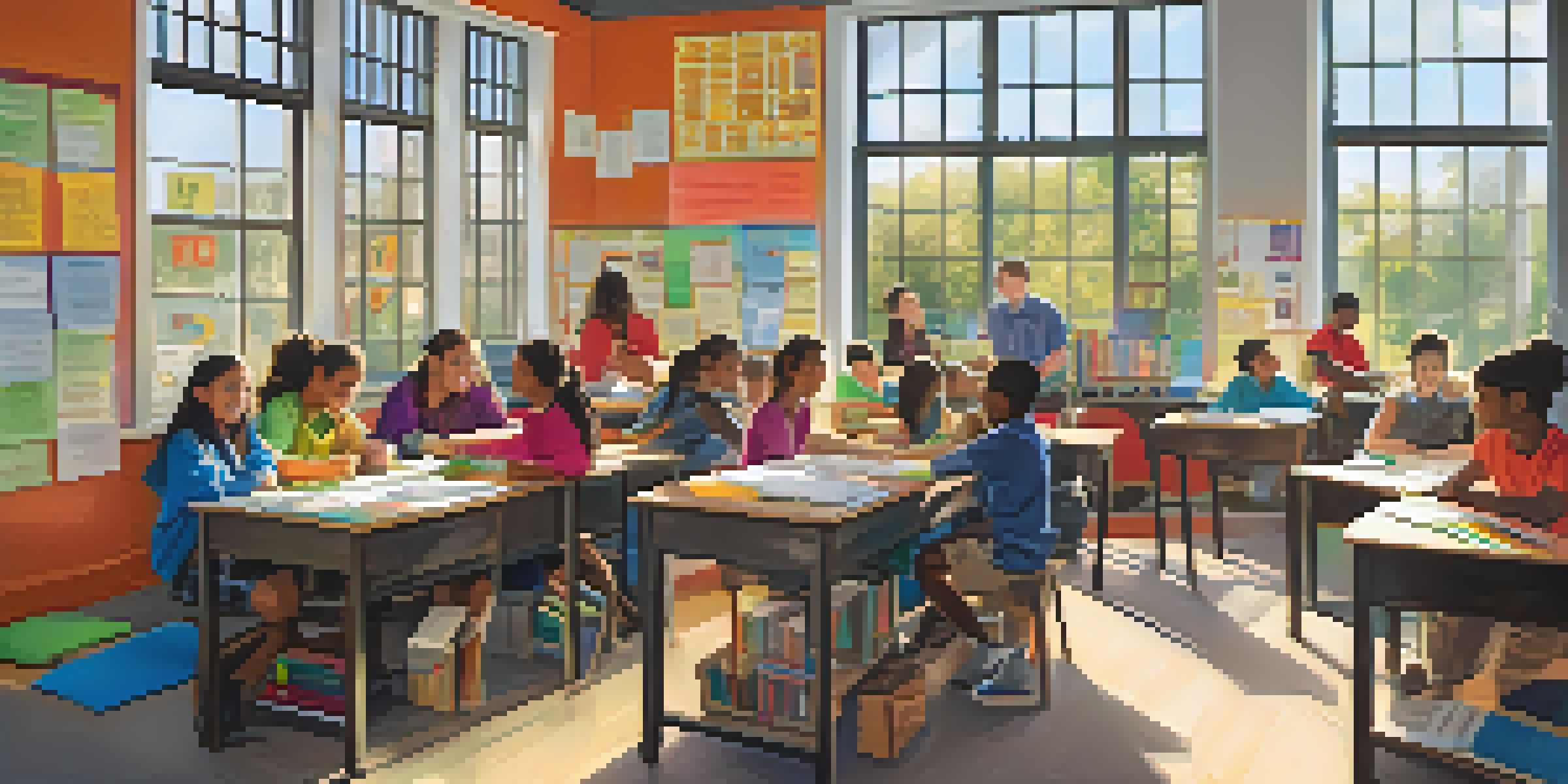 A lively classroom with students collaborating on a project, surrounded by bright educational materials and natural light.