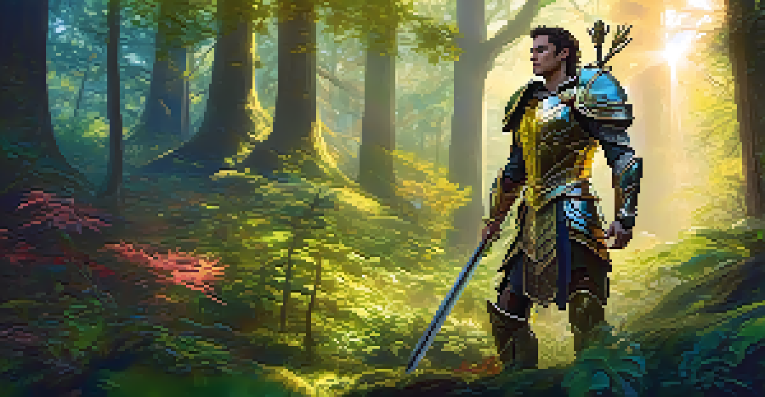 A fantasy warrior in detailed armor holding a sword, standing in a lush enchanted forest with sunlight filtering through the trees.