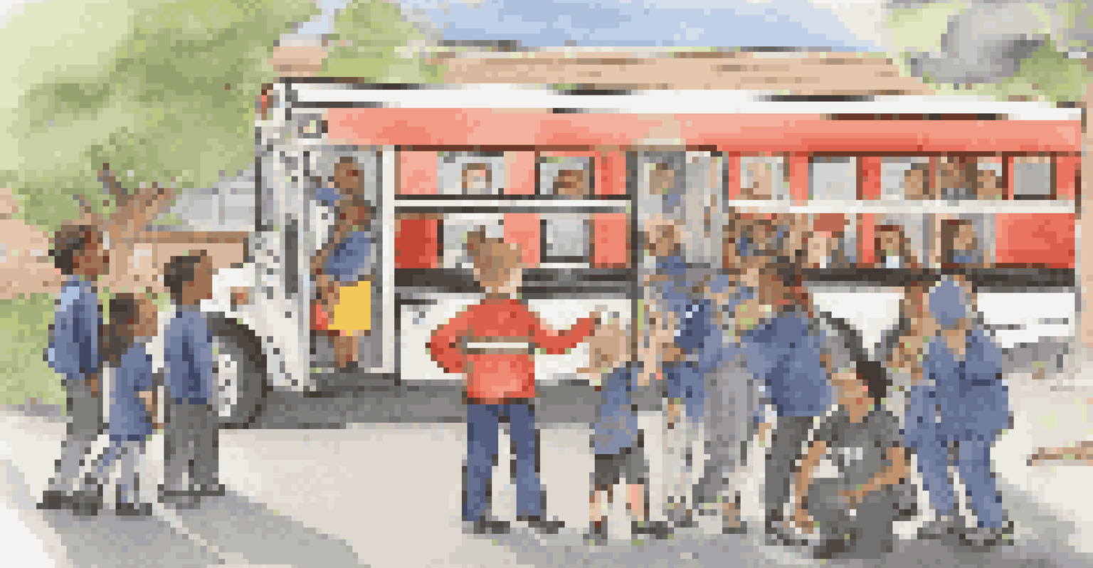 School staff member leading a safety drill with students practicing evacuation procedures outside the school, with safety signs in the background.