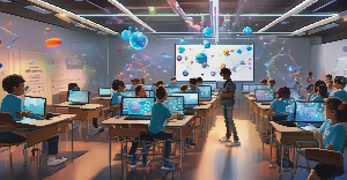 A virtual classroom with students using VR headsets to collaborate on a science experiment with 3D holographic models.