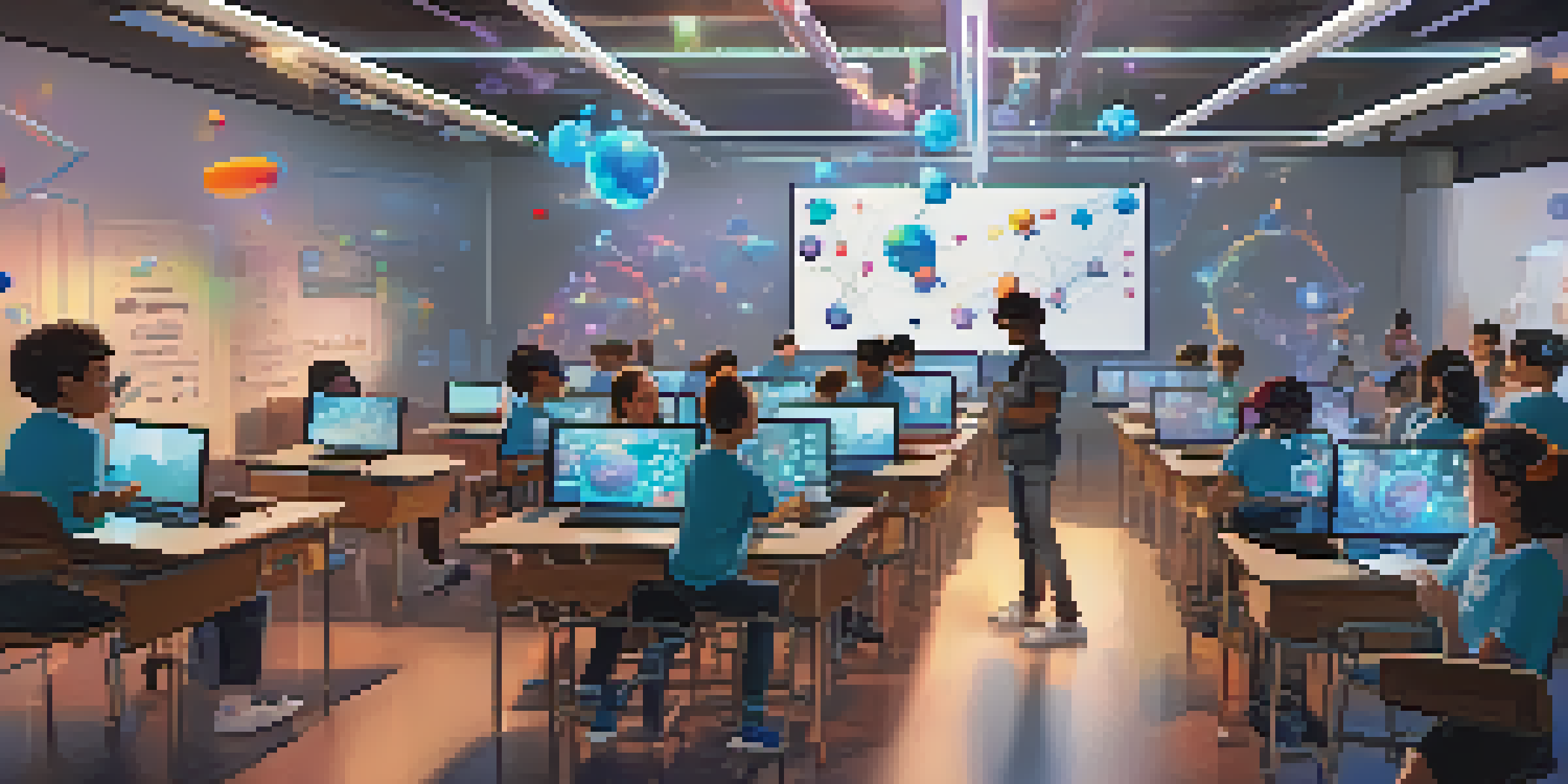 A virtual classroom with students using VR headsets to collaborate on a science experiment with 3D holographic models.