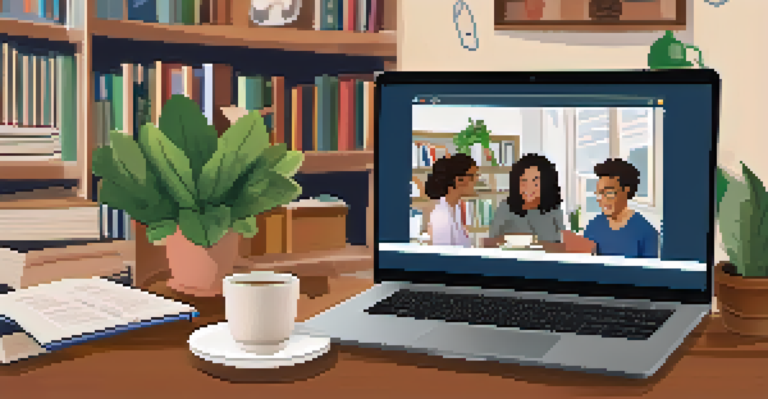 A warm online meeting setup for teachers, with a laptop displaying a video call, surrounded by bookshelves and plants.