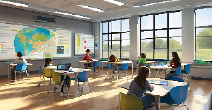 A classroom with students using laptops and tablets for digital assessments, showcasing a bright and engaging learning environment.