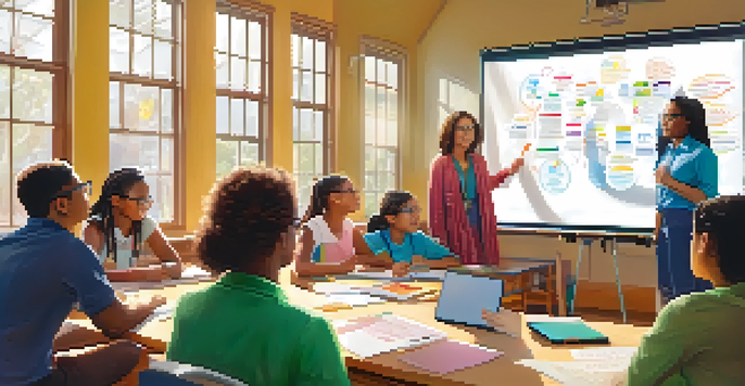 A classroom where students are actively participating in a synchronous learning session with a teacher using a digital whiteboard, bright sunlight coming through windows.