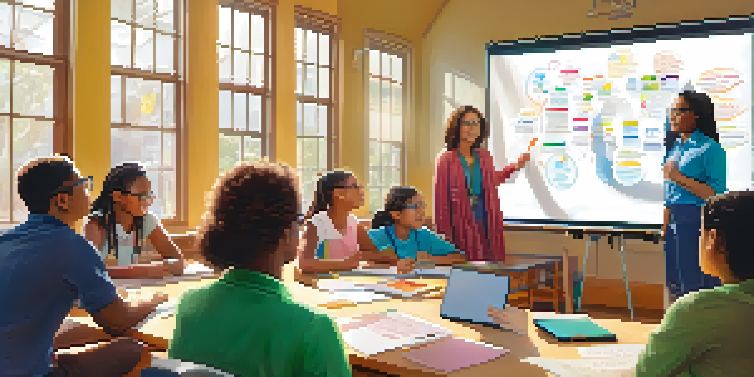 A classroom where students are actively participating in a synchronous learning session with a teacher using a digital whiteboard, bright sunlight coming through windows.