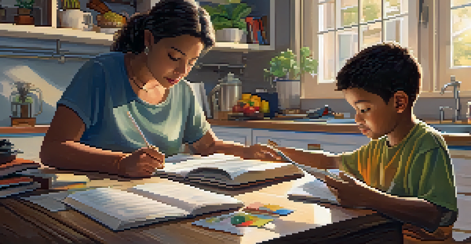 A parent and child at a kitchen table, looking at a tablet together, surrounded by books and educational materials in a cozy setting.
