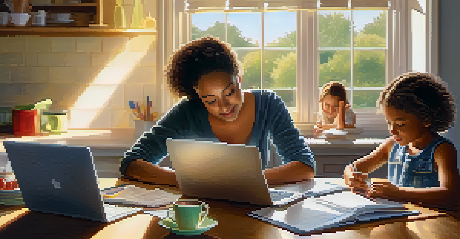 A single parent studying on a laptop at the kitchen table while children play in the background.