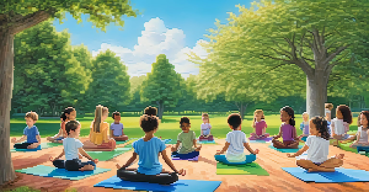 Children of different backgrounds practicing yoga in a sunny park filled with trees and flowers.
