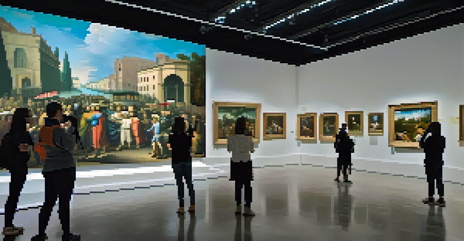 An art gallery where visitors interact with augmented reality displays of famous historical paintings, with holographic elements around them.