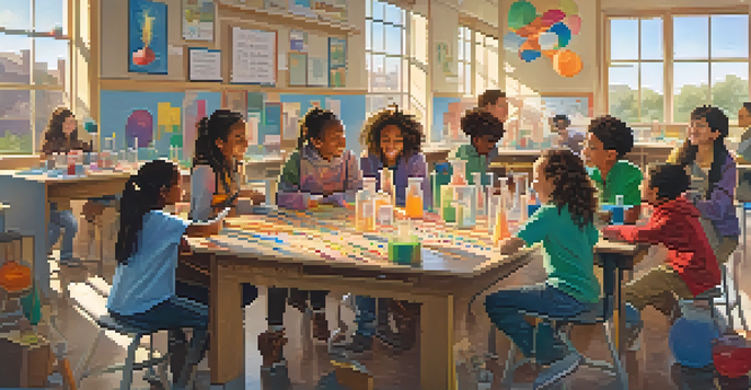 A lively classroom with diverse students joyfully collaborating on a science experiment, surrounded by colorful materials and soft lighting.