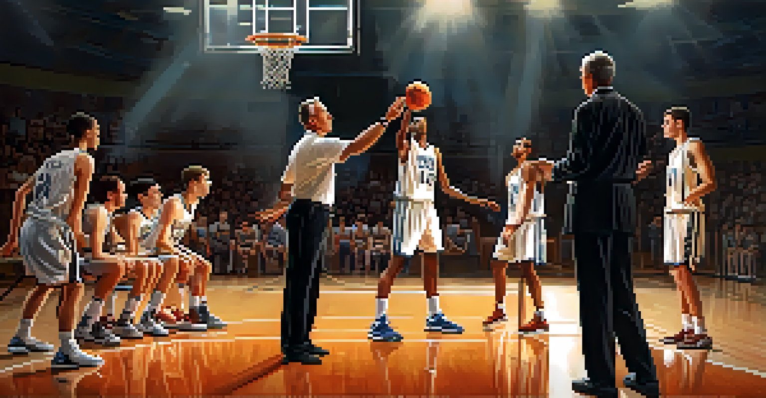 A basketball coach demonstrating a shooting technique to players on a training court.