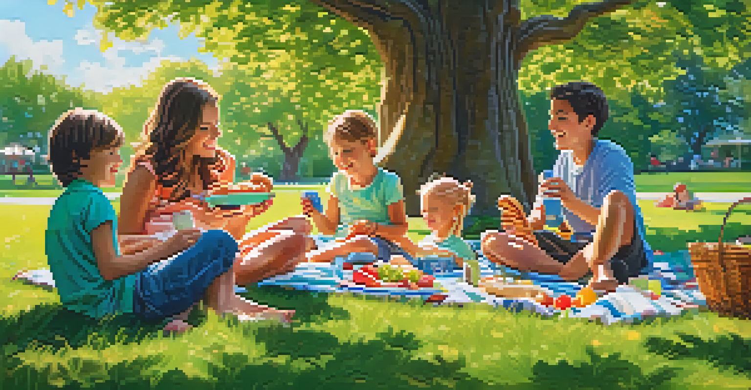 A joyful family picnic in a green park, featuring a blanket, food, and children playing under a large tree.