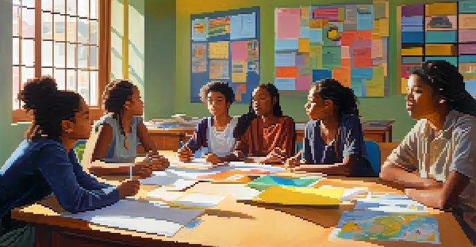 A lively classroom with students discussing Cognitive Behavioral Therapy concepts, surrounded by colorful educational posters and natural sunlight.