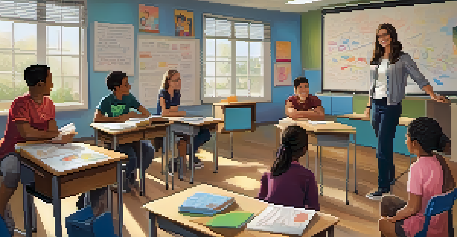 A classroom where a teacher is interacting with students, promoting open discussion and emotional safety, surrounded by student artwork.