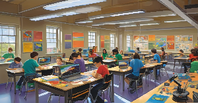 A lively classroom with students collaborating on robotics projects, surrounded by colorful educational materials and bright natural light.
