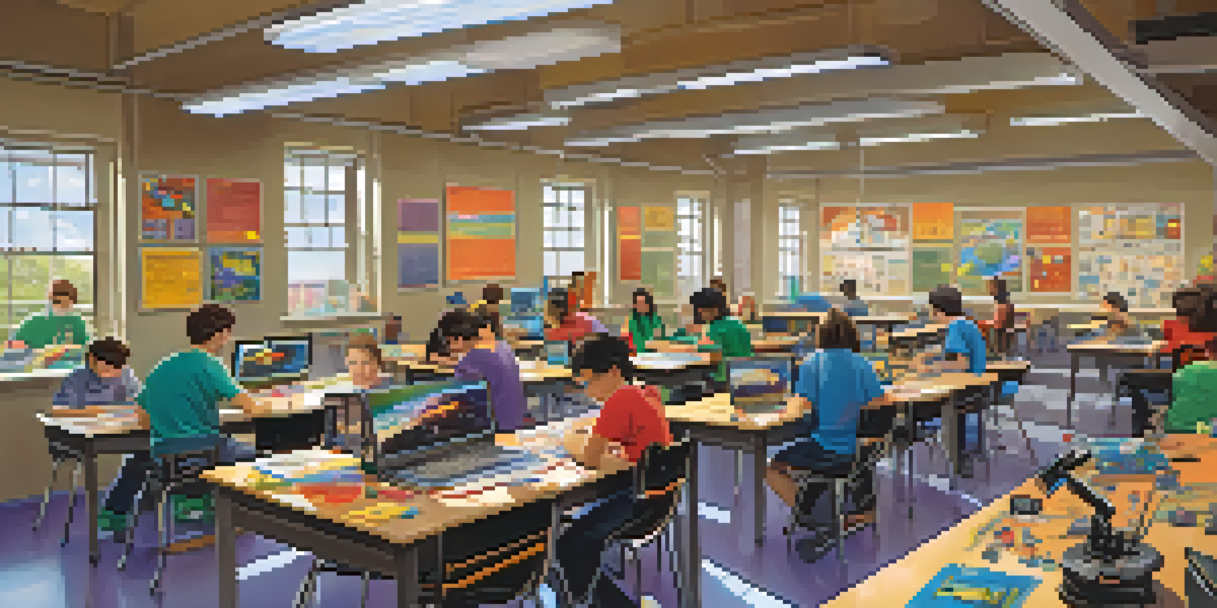 A lively classroom with students collaborating on robotics projects, surrounded by colorful educational materials and bright natural light.