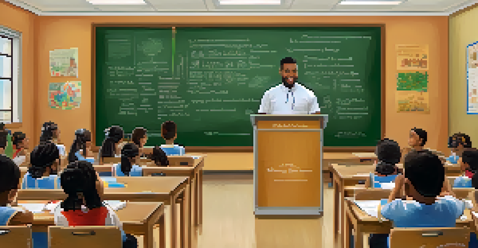 An educator in front of a chalkboard with student cultural drawings, overseeing a 'culture day' event with students presenting their heritage.