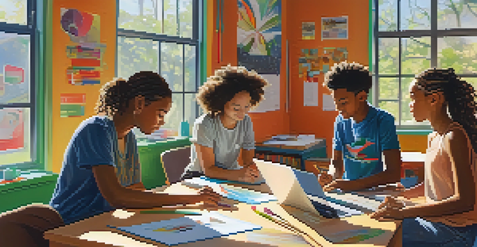 A classroom filled with students from diverse backgrounds working together on a renewable energy project, with colorful posters and sunlight streaming in.