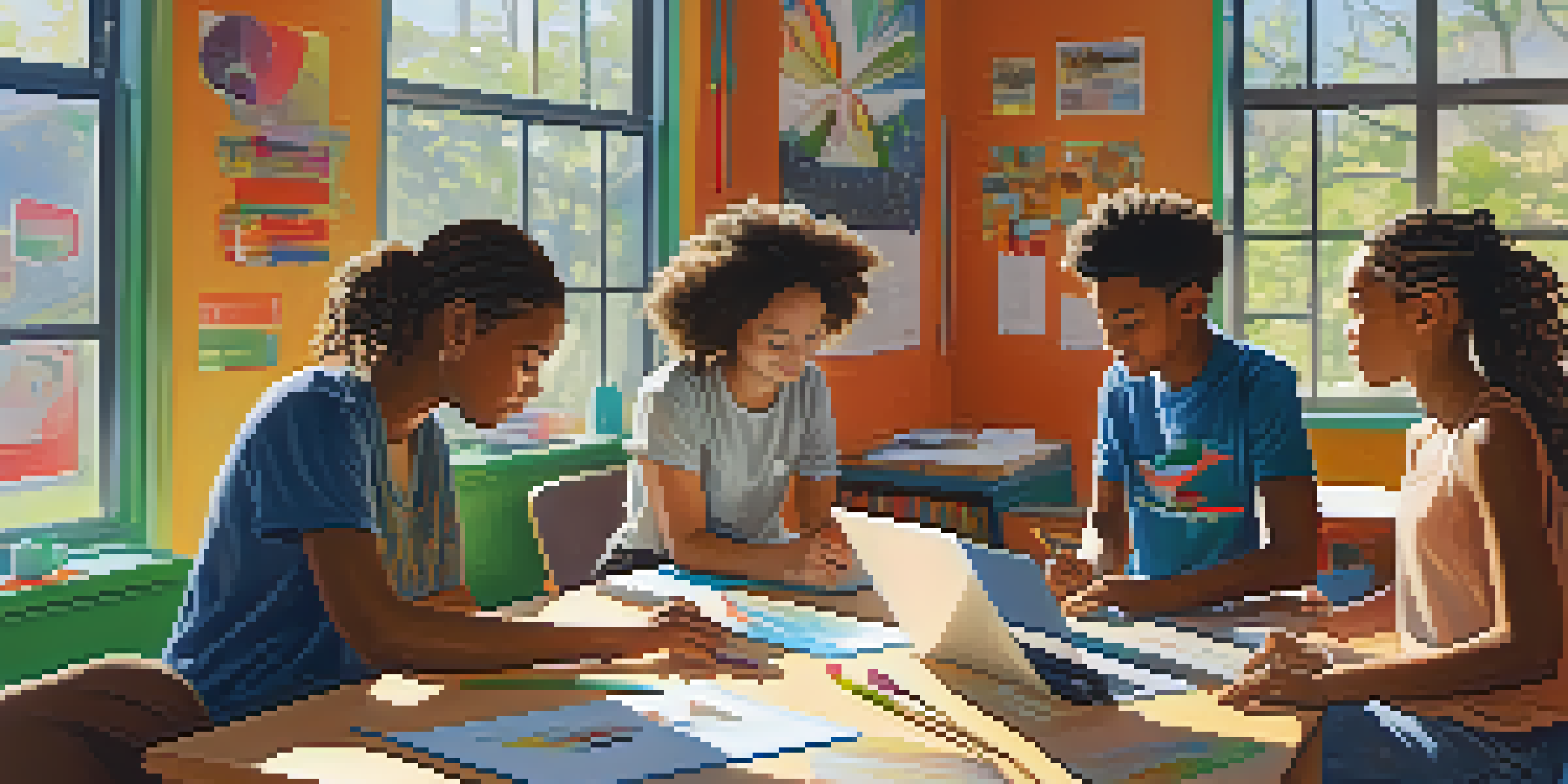 A classroom filled with students from diverse backgrounds working together on a renewable energy project, with colorful posters and sunlight streaming in.