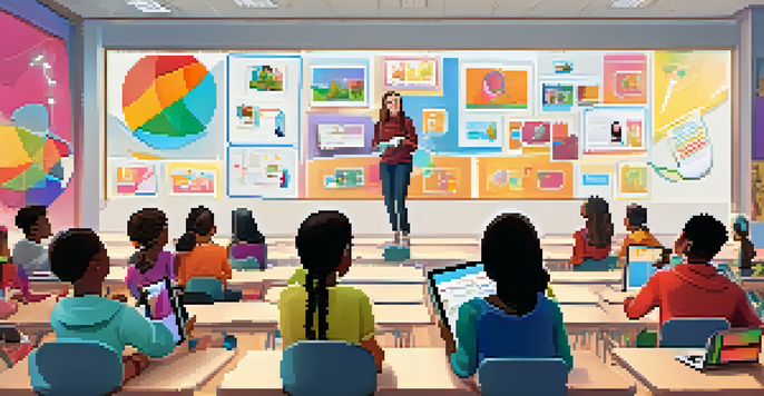 A colorful classroom where diverse students are using tablets and mobile devices to create digital stories, with a teacher guiding them.