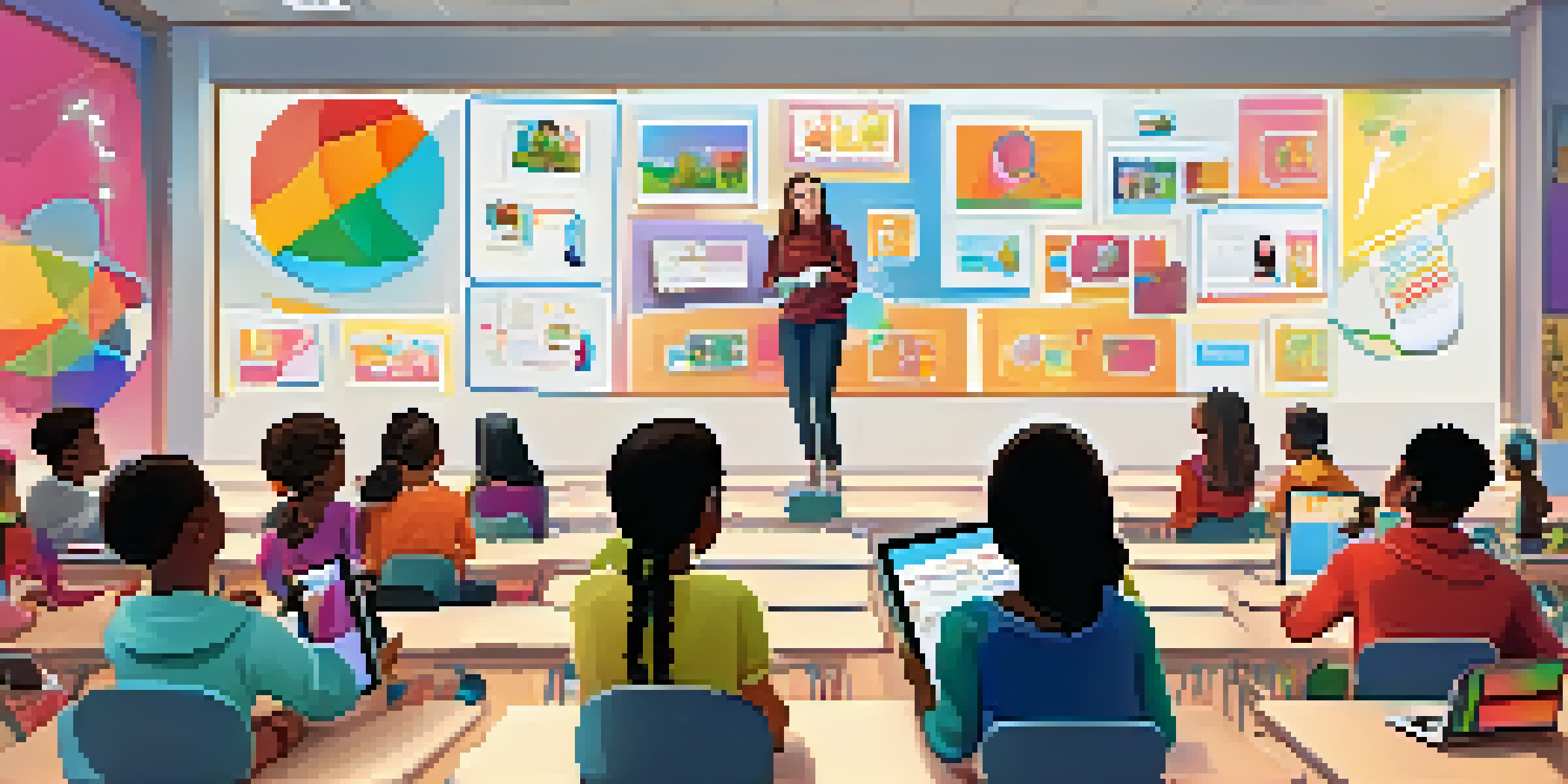A colorful classroom where diverse students are using tablets and mobile devices to create digital stories, with a teacher guiding them.