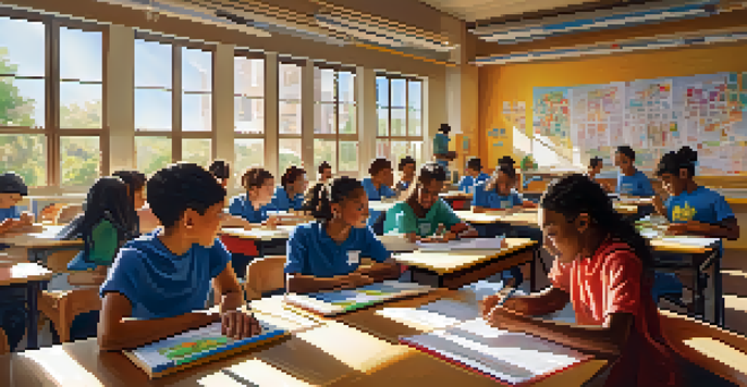A vibrant classroom scene with diverse students collaborating on educational activities, surrounded by colorful educational materials and natural light.
