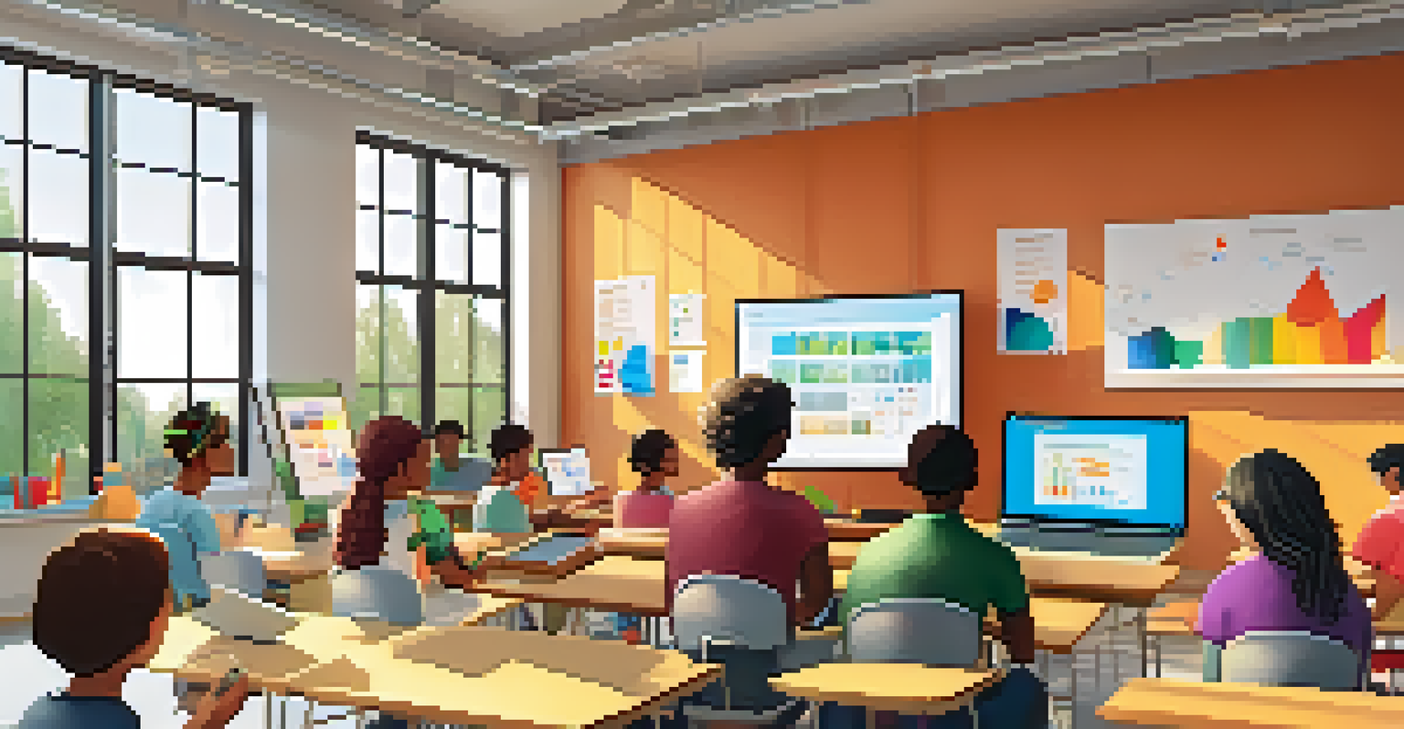 A diverse group of participants in a digital storytelling workshop, collaborating and creating multimedia presentations in a bright classroom.