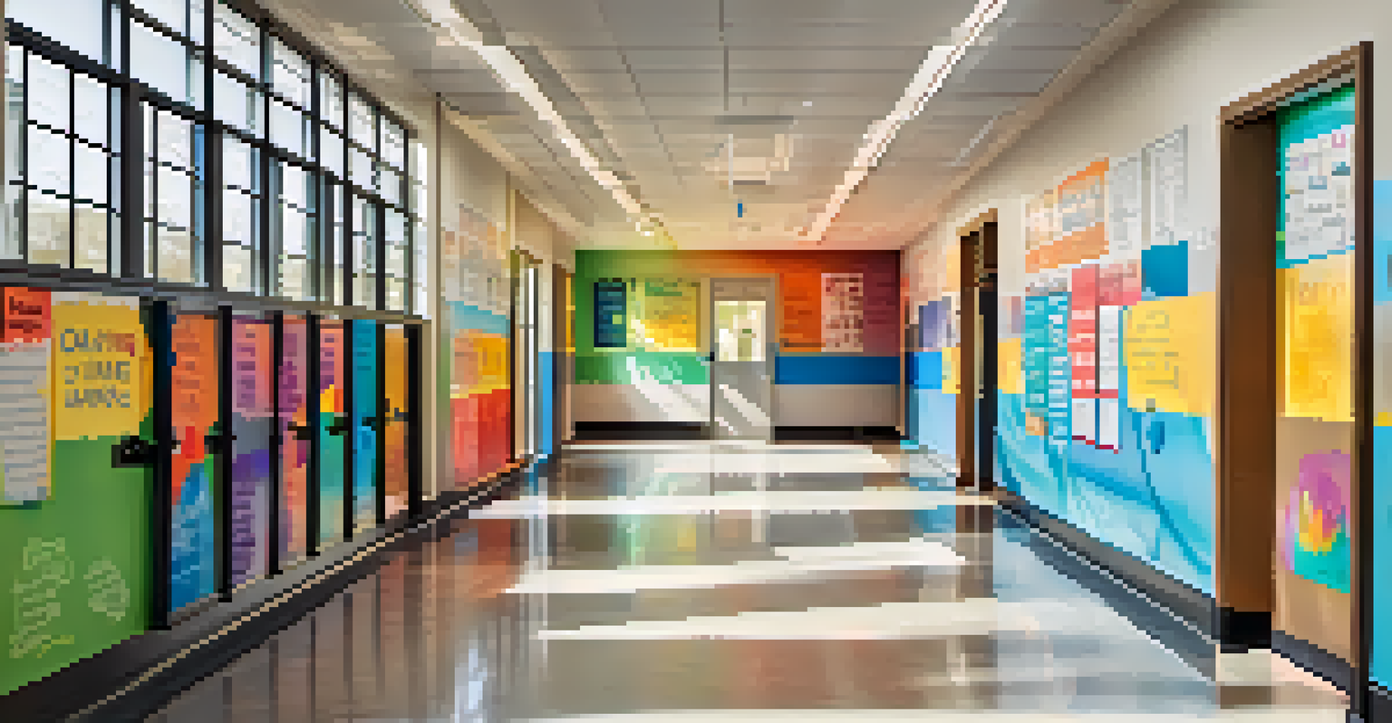 A colorful motivational poster in a school corridor promoting change and innovation in education, surrounded by student artwork.