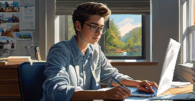 A focused young student working on a laptop with a LinkedIn profile open, in a well-lit study room filled with books and motivational posters.