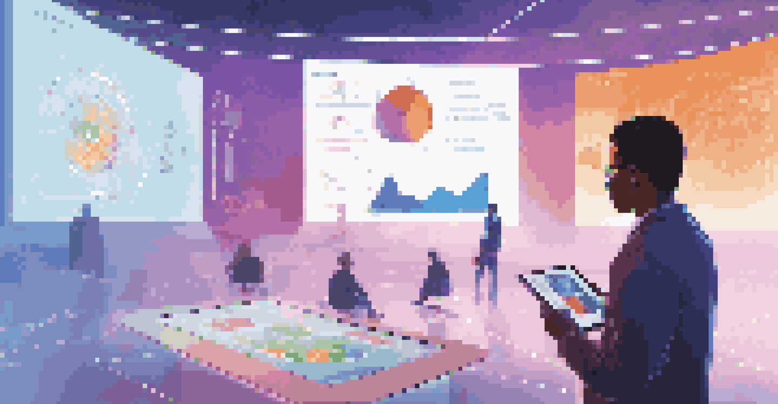 A mentor using a tablet in a futuristic classroom, surrounded by holographic data visuals, while a student listens attentively.