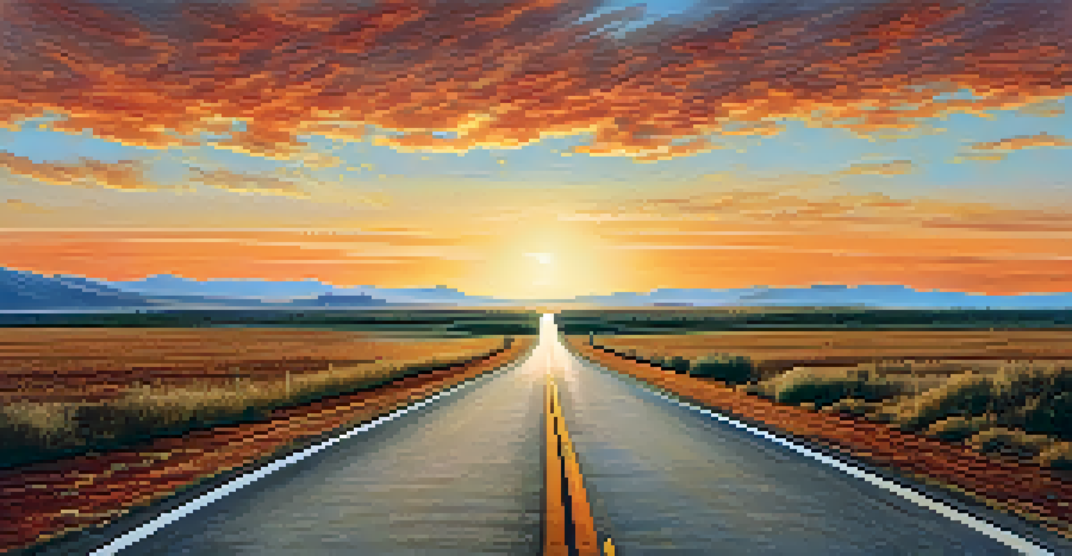 A scenic open road with signposts for different subjects, leading towards a bright horizon under a colorful sky.