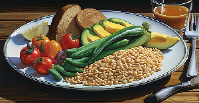 A vibrant meal plate filled with whole grains, fresh vegetables, fruits, and lean proteins, arranged on a wooden table.