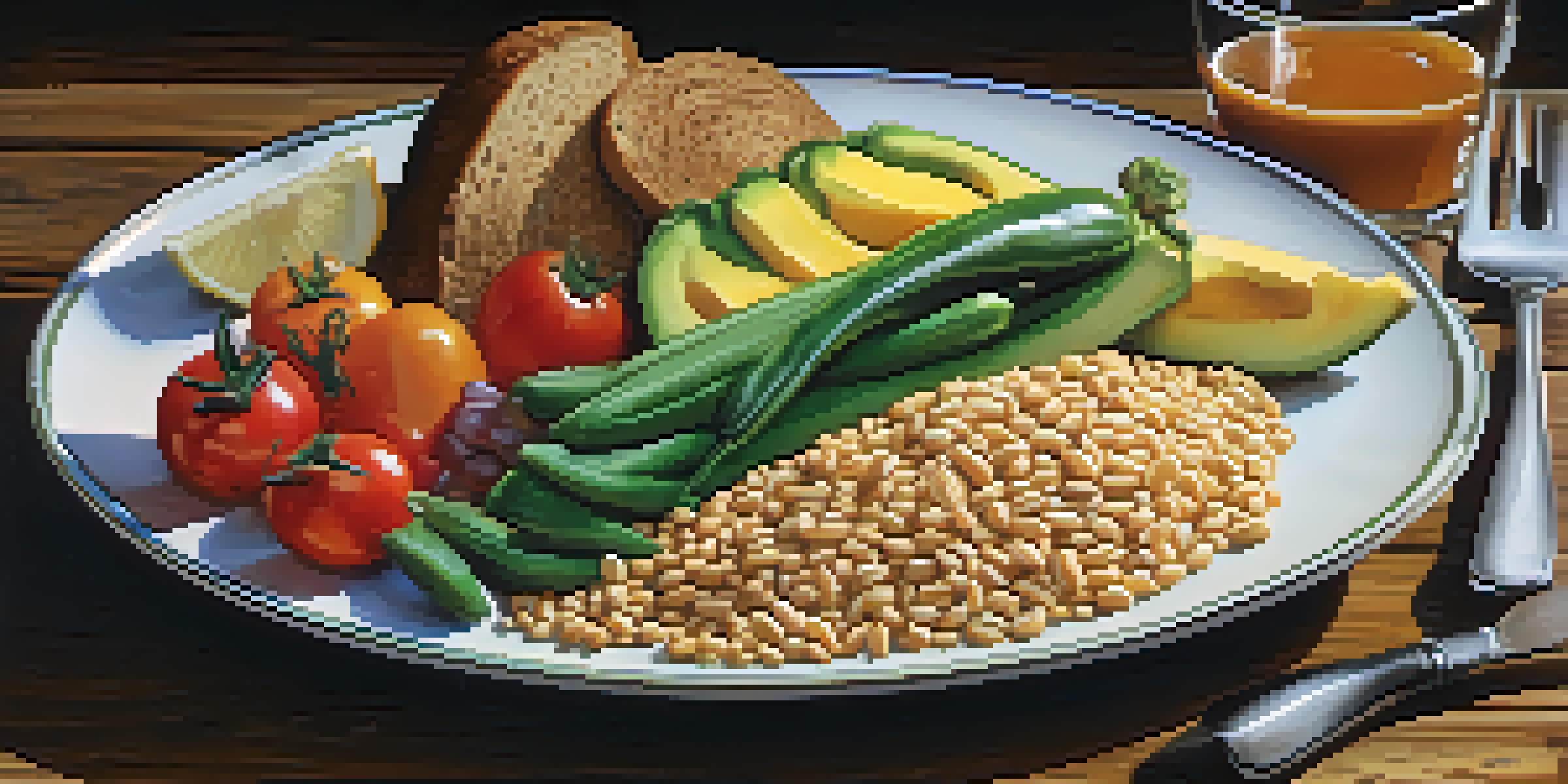 A vibrant meal plate filled with whole grains, fresh vegetables, fruits, and lean proteins, arranged on a wooden table.
