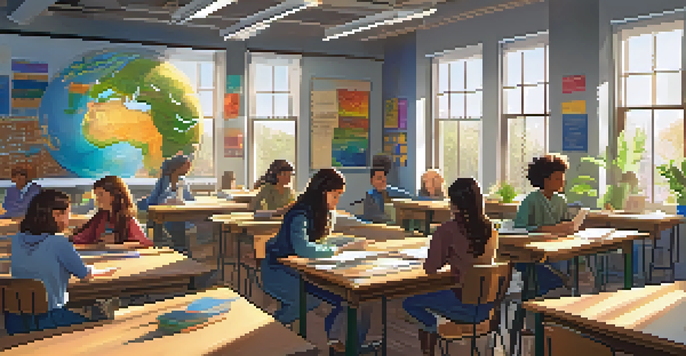 A bright and inviting classroom with diverse students collaborating at a circular table, surrounded by educational posters and plants.