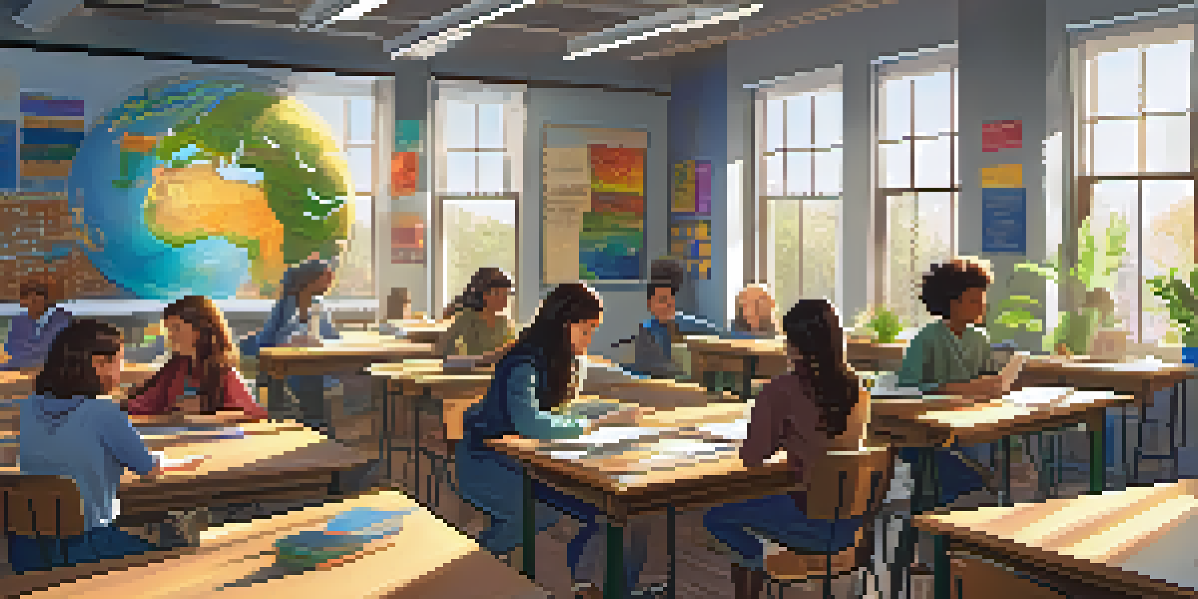 A bright and inviting classroom with diverse students collaborating at a circular table, surrounded by educational posters and plants.