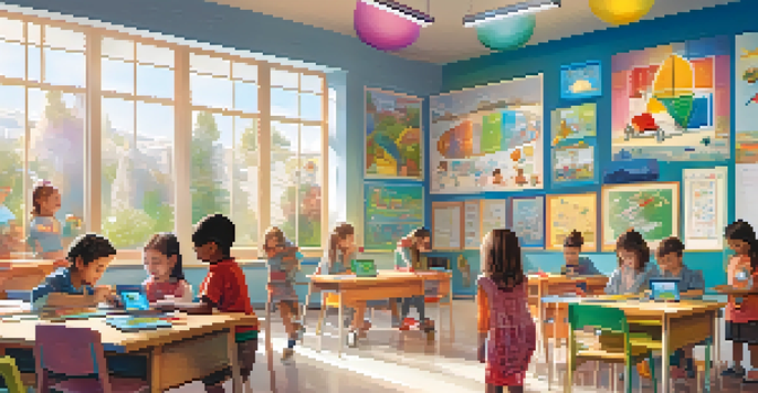 A lively classroom with children using AI educational tools, engaging in games and activities.