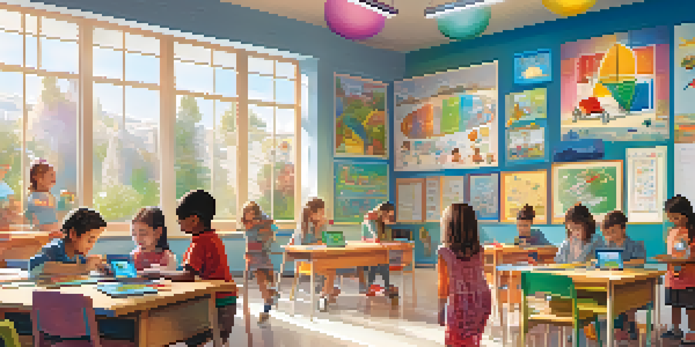 A lively classroom with children using AI educational tools, engaging in games and activities.