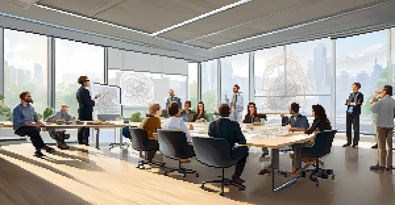 A diverse group of professionals in a modern conference room brainstorming innovative ideas for sustainability, surrounded by sketches and prototypes.